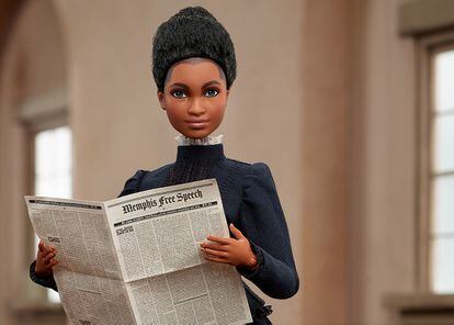 The figure of Ida B. Wells, African-American journalist, suffragette and activist from the Barbie 'Inspiring Women' collection.