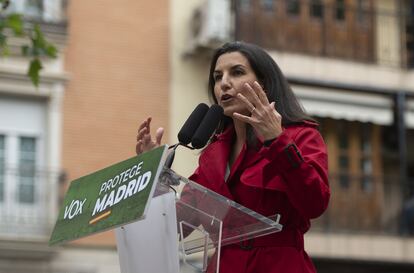 Rocío Monasterio, durante un mitin en la Plaza de España de Leganés, el 15 de abril/EP