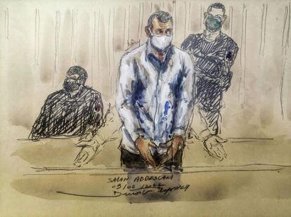 Dibujo de Salah Abdeslam durante su comparecencia en el proceso, el pasado miércoles.