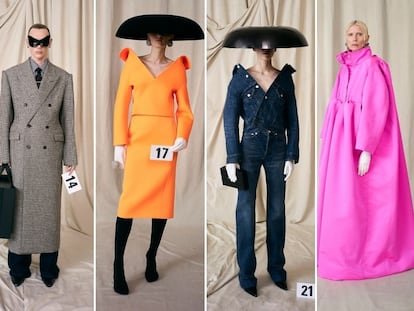 Cuatro 'looks' de Alta Costura de Balenciaga, en su presentación en París del 7 de julio de 2021.