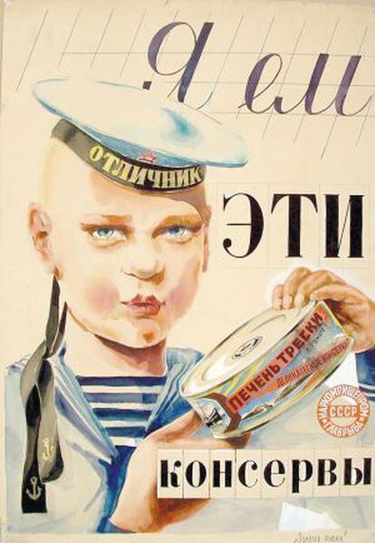Anuncio de hígado de bacalao en lata, en la gorra del niño se lee: “excelente cadete de la Marina”.