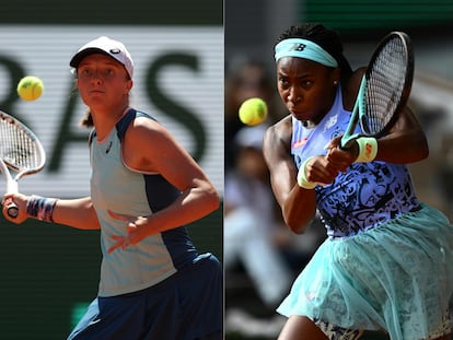 Swiatek y Gauff, durante sus respectivos partidos de semifinales en Roland Garros.