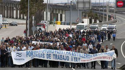 Protesta de trabajadores de la planta de Navantia en Puerto Real.