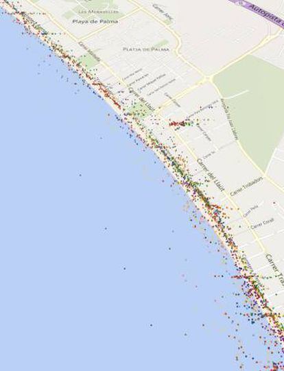 Mapa de detección de dispositivos móviles a  las 18 horas de un día laborable en la zona urbana de la Playa de Palma, que se utilizan para inventariar los movimientos de los usuarios.