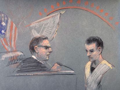 Un dibujo de la comparecencia del recluta Jack Teixeira ante un juez este viernes en Boston.