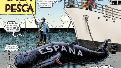 Una de las ilustraciones de Miguel Brieva incluidas en el libro, sobre la pesca amañada que se le organizaba al dictador. 