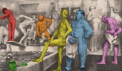 Ilustración de hombres compartiendo conversación en una sauna en 1917.