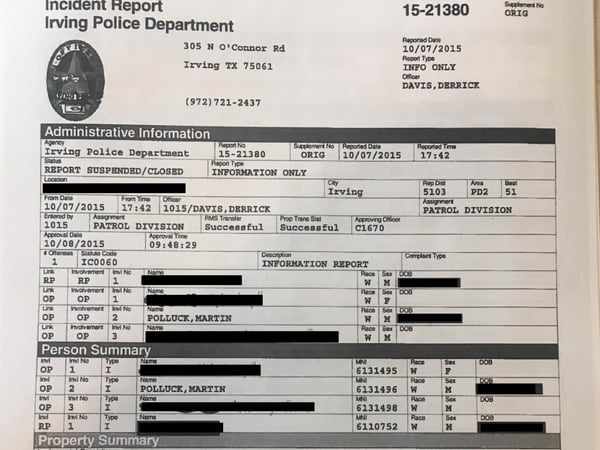 Reporte de la policía de Irving, Texas, por el 'caso Ashley'.