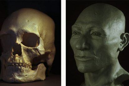 A la izquierda, reconstrucción del cráneo del <i>hombre de Kennewick.</i> A la derecha, de la cabeza en plástico y barro.