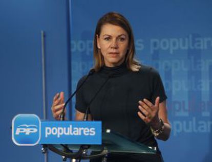 Dolores de Cospedal, durante la conferencia de prensa que dio ayer en la sede del PP.
