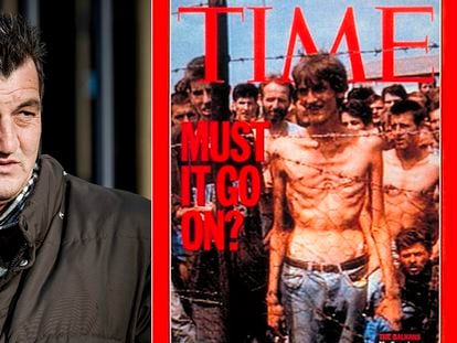 A la izquierda, Fikret Alic, en 2017 durante el juicio a Ratko Mladic en La Haya; a la derecha, la portada de la revista 'Time' de 1992 en la que aparece. / EFE