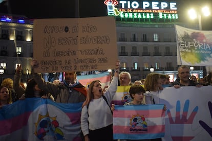 La plataforma "Ni un paso atrás"conformada por más de 30 colectivos LGBTI, protesta en la Puerta del Sol frente a la Comunidad de Madrid, en oposición a la reforma de las leyes de Identidad y Expresión de Género e Igualdad Social y no Discriminación y de Protección integral contra la LGTBIfobia y la Discriminación por Razón de Orientación e Identidad Sexual. 