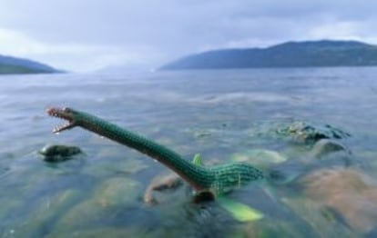 Un 'Nessie' de juguete en las aguas del lago Ness, en las Highlands escocesas (Reino Unido).