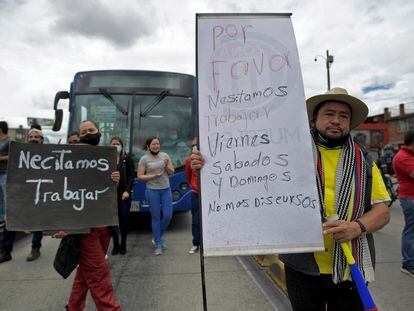 Una protesta contra la cuarentena obligatoria, este jueves en Bogotá.
