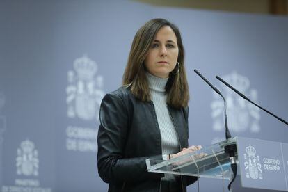 La ministra de Derechos Sociales y Agenda 2030, Ione Belarra, el pasado miércoles durante una comparecencia ante los medios en Madrid.