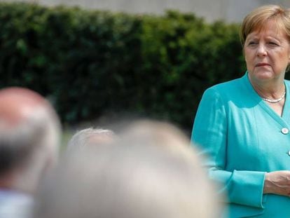 Angela Merkel, en el 70 aniversario de la Constitución, este jueves en Berlín. 