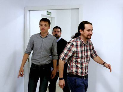 El secretario general de Podemos, Pablo Iglesias, Iñigo Errejón y Ramón Espinar, el pasado jueves. 