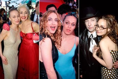 La cantante, junto a Gwen Stefani, en 2001; con Madonna en 1998 y posando con Bob Dylan en los Grammy de ese mismo año. A finales de los noventa y primeros dosmiles era habitual verla en galas y alfombras rojas.