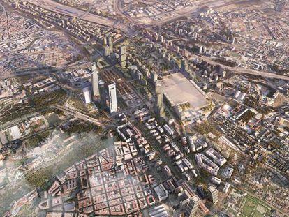 Recreación de cómo quedará el norte de Madrid cuando esté finalizado el proyecto, con la nueva estación de Chamartín junto a las torres.