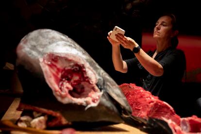 Una participante a la ceremonia Kaitai en el restaurante Tunateca de Barcelona fotografía algunas partes del atún. Gianluca Battista