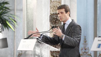 El presidente del PP, Pablo Casado, interviene durante el Foro ABC