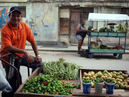 Foto de un vendedor ambulante de frutas y verduras esperando clientes en La Habana (Cuba).