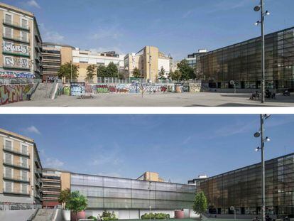 Arriba, el CAP Raval Nord visto desde la plaza de Terenci Moix. Abajo, imagen virtual del edificio que se propone para su ampliación. 