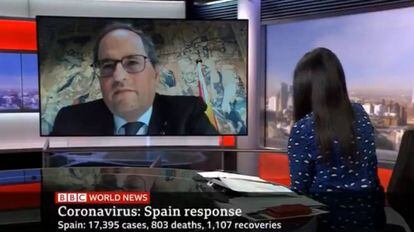 El presidente del Gobierno de Cataluña, Quim Torra, en una entrevista de la BBC.  