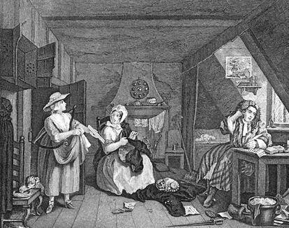 'The Distrest Poet', del pintor William Hogarth, una sàtira de les condicions de vida dels escriptors de Grub Street.