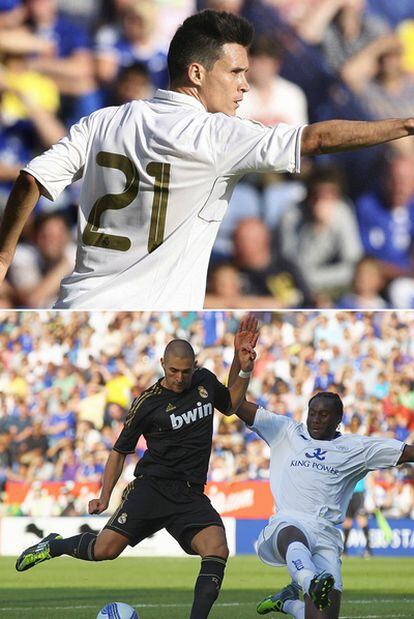 El Madrid jugó la primera parte de blanco (arriba, Callejón tras marcar) y el Leicester de azul. En la segunda, el Madrid vistió de negro (abajo, un disparo de Benzema) y el equipo inglés de blanco. Las equipaciones se subastarán para un fin benéfico.