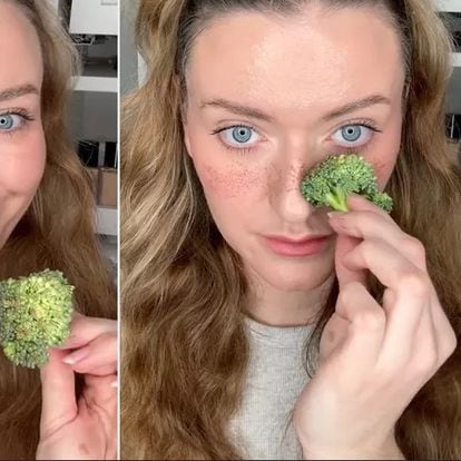 La maquilladora Abigail Jones haciendo el truco del brócoli en TikTok.