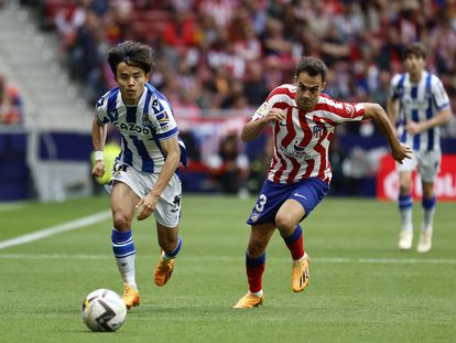 Take Kubo durante el partido entre el Atlético de Madrid y la Real Sociedad, en el Metropolitano este domingo.