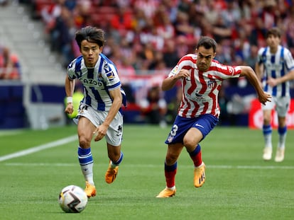 Take Kubo durante el partido entre el Atlético de Madrid y la Real Sociedad, en el Metropolitano este domingo.