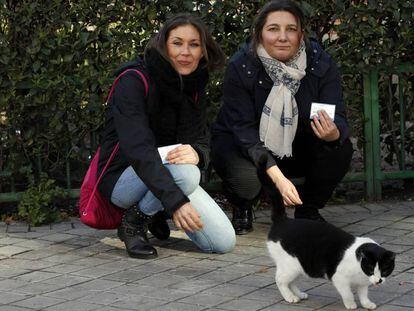 Araceli Jurado y Damaris Ortega muestran sus carnés y uno de los gatos de su colonia.