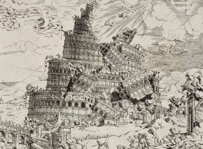 Grabado sobre la destrucción de la Torre de Babel (1547), de Cornelisz Anthonisz Teunissen.