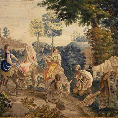 Fragmento del tapiz 'Las tres aldeanas' (1722-1745), en la exposición 'El Quijote. Biografía de un libro'.