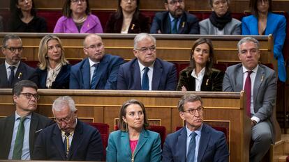 Diputados y senadores del PP seguían este miércoles el discurso de la presidenta del Congreso, Francina Armengol, en la Cámara baja.