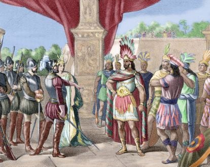 Grabado en color de 1875 que representa el momento en el cual Hernán Cortés toma prisionero a Moctezuma II, de autor anónimo. 