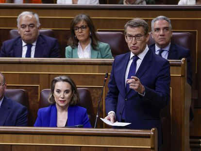 El líder popular, Alberto Núñez Feijóo, a la derecha, interpelaba al Gobierno durante la sesión de control, este miércoles.
