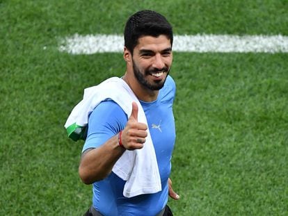Luis Suárez durante un partido de la selección uruguaya.