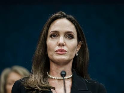 La actriz Angelina Jolie durante una conferencia de prensa sobre la Ley de Violencia contra la Mujer en Capitol Hill, Washington, el 9 de febrero de 2022.