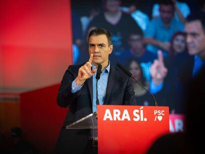 El presidente del Gobierno en funciones Pedro Sánchez interviene en un acto político en Viladecans (Barcelona) este miércoles.