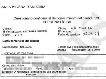 Documento Know your client (conozca a su cliente, en inglés) que rellenó en la Banca Privada d'Andorra (BPA) para abrir una cuenta la senadora del PRI Sylvana Beltrones