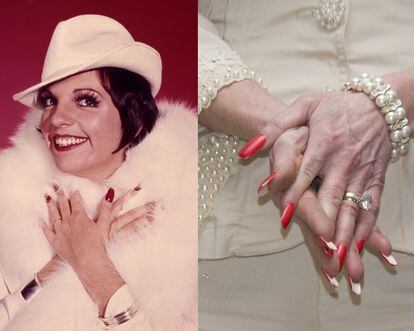 Liza Minnelli y Dolly Parton (detalle de su manicura ‘prototrap’) fueron dos grandes defensoras de eesta manicura en los años 70. FOTOS: GETTY IMAGES.