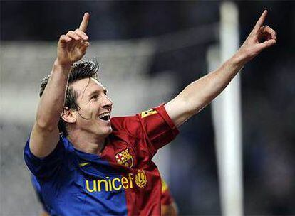 Leo Messi festeja un gol contra el Espanyol esta temporada.