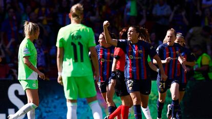 Patricia Guijarro celebra un gol del Barça ante el Wolfsburgo en la final de este sábado.