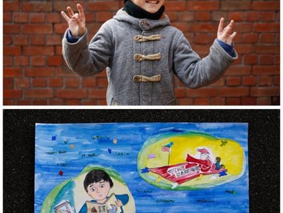 Esta combinación de fotos, muestra a Natsuki Ariga, de 9 años, y su deseo para esta Navidad: libros de cómics sobre Japón e historia mundial.