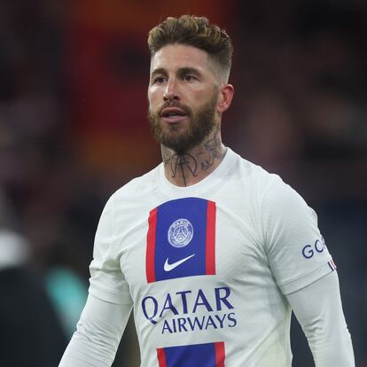 MUNICH, GERMANY - MARCH 08: Sergio Ramos of Paris Saint-Germain reacts during the UEFA Champions League round of 16 leg two match between FC Bayern München and Paris Saint-Germain at Allianz Arena on March 08, 2023 in Munich, Germany. (Photo by Alex Grimm/Getty Images)