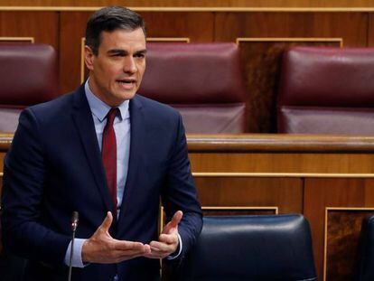  El presidente del Gobierno, Pedro Sánchez, durante su intervención en el pleno del Congreso que debate y vota este miércoles la quinta prórroga del estado de alarma.