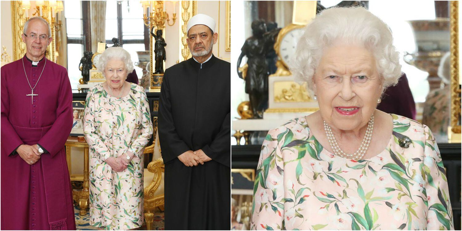 La reina Isabel, junto al arzobispo de Canterbury y el imán de Al Azhar, en el castillo de Windsor, en 2018.